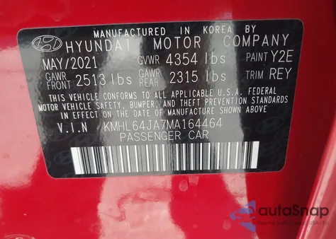 2021 Hyundai Sonata Sel from USA, damaged, VIN KMHL64JA7MA164464